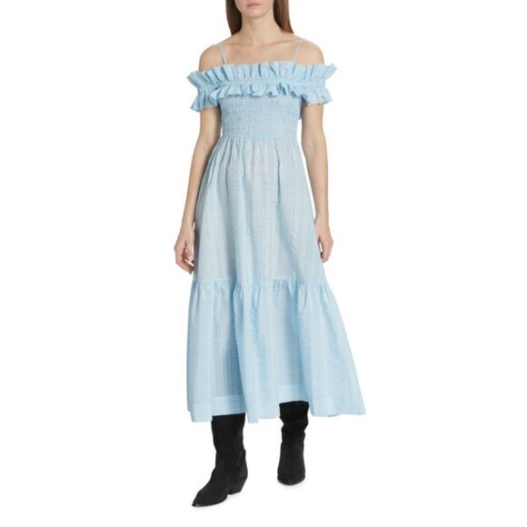 NEW Ganni Size 38 (US 6) Women's Seersucker Smocked Maxi Dress - Ice Water - Picture 3 of 6